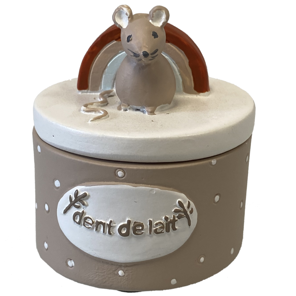 Boite à dents de lait arc en ciel et souris beige Boite à dents de lait arc en ciel et souris beige