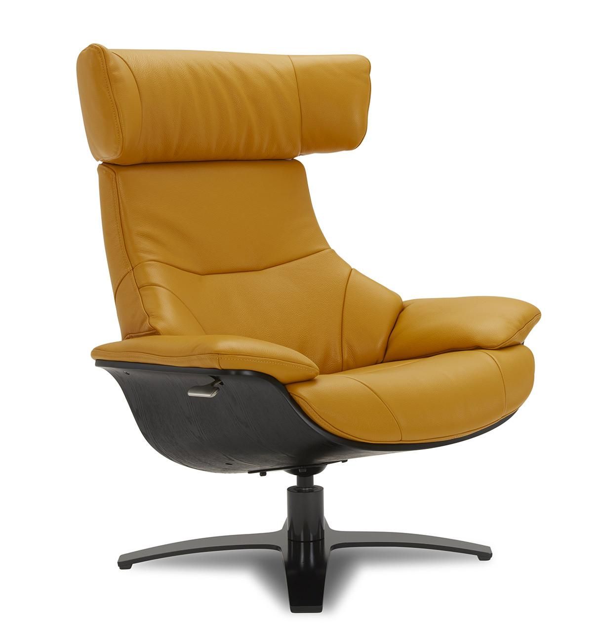 Fauteuil cuir jaune moutarde et bois noir