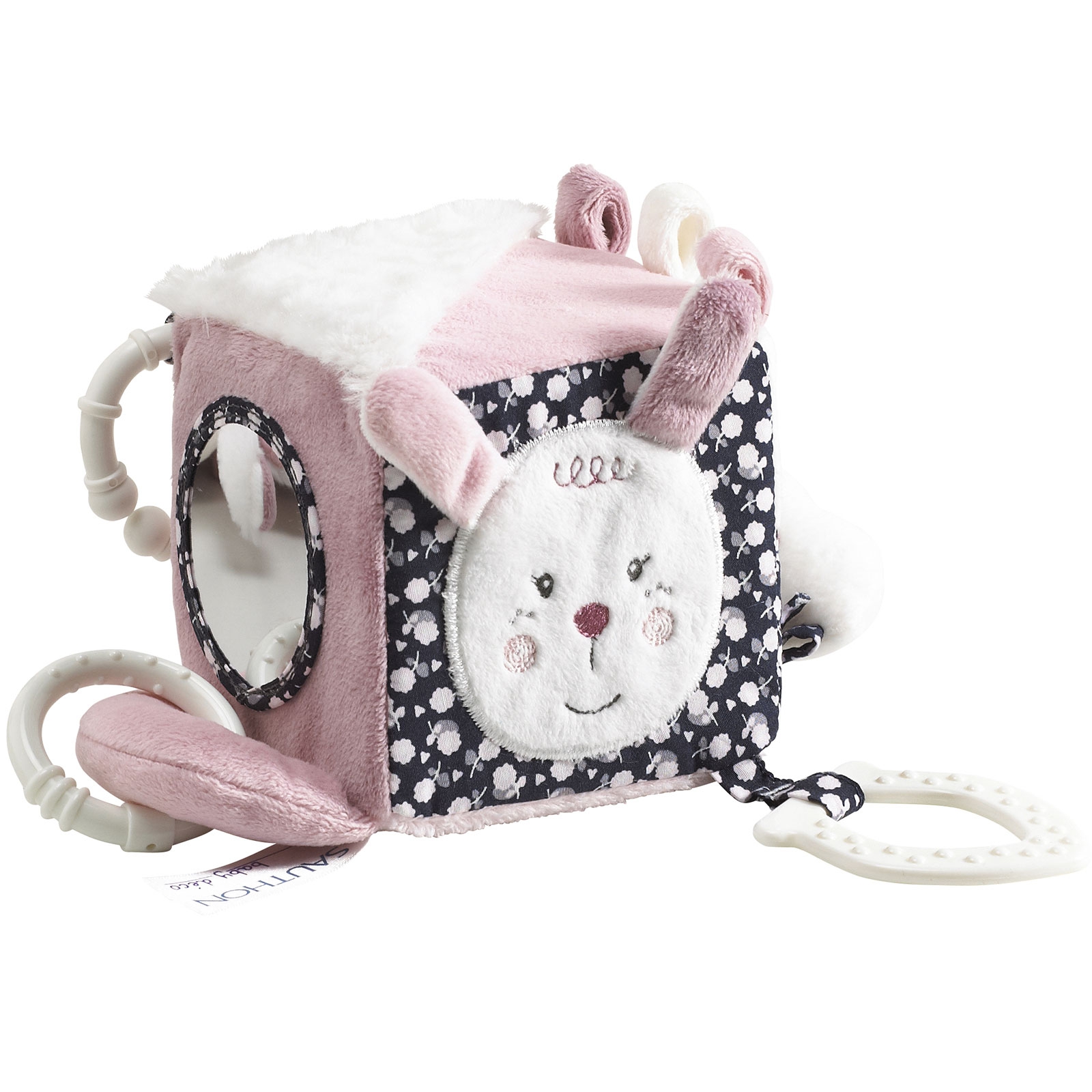 Cube d'activités motif fleuri en velours rose Cube d'activités motif fleuri en velours rose