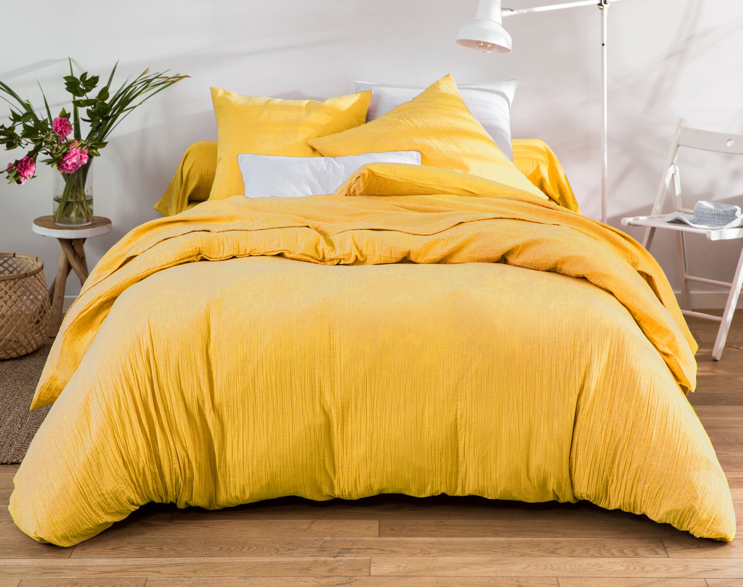 Housse de couette 260x240 en gaze de coton jaune Housse de couette 260x240 en gaze de coton jaune