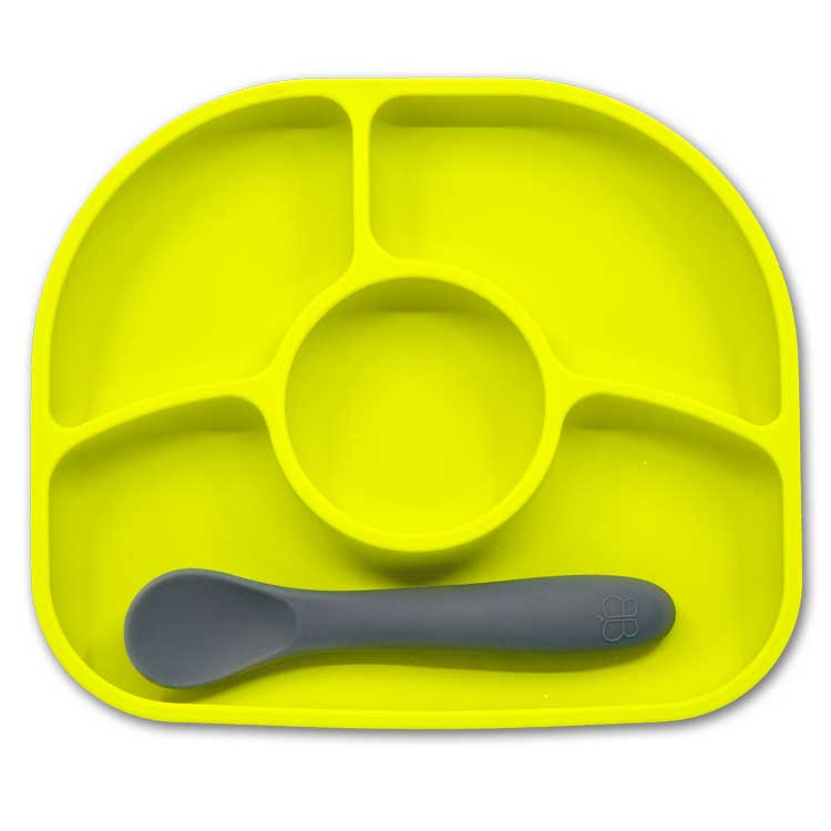 Assiette compartiments ventousée et cuillère en silicone Vert et gris Assiette compartiments ventousée et cuillère en silicone Vert et gris