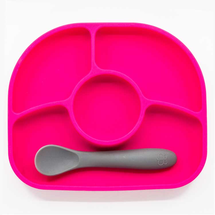 Assiette compartiments ventousée et cuillère en silicone Rose et gris Assiette compartiments ventousée et cuillère en silicone Rose et gris