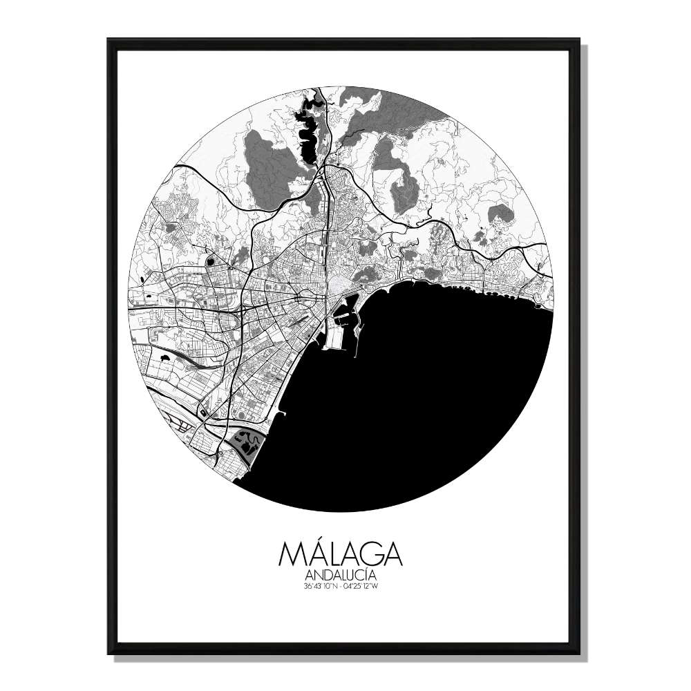 MALAGA - Carte City Map Rond 40x50cm MALAGA - Carte City Map Rond 40x50cm