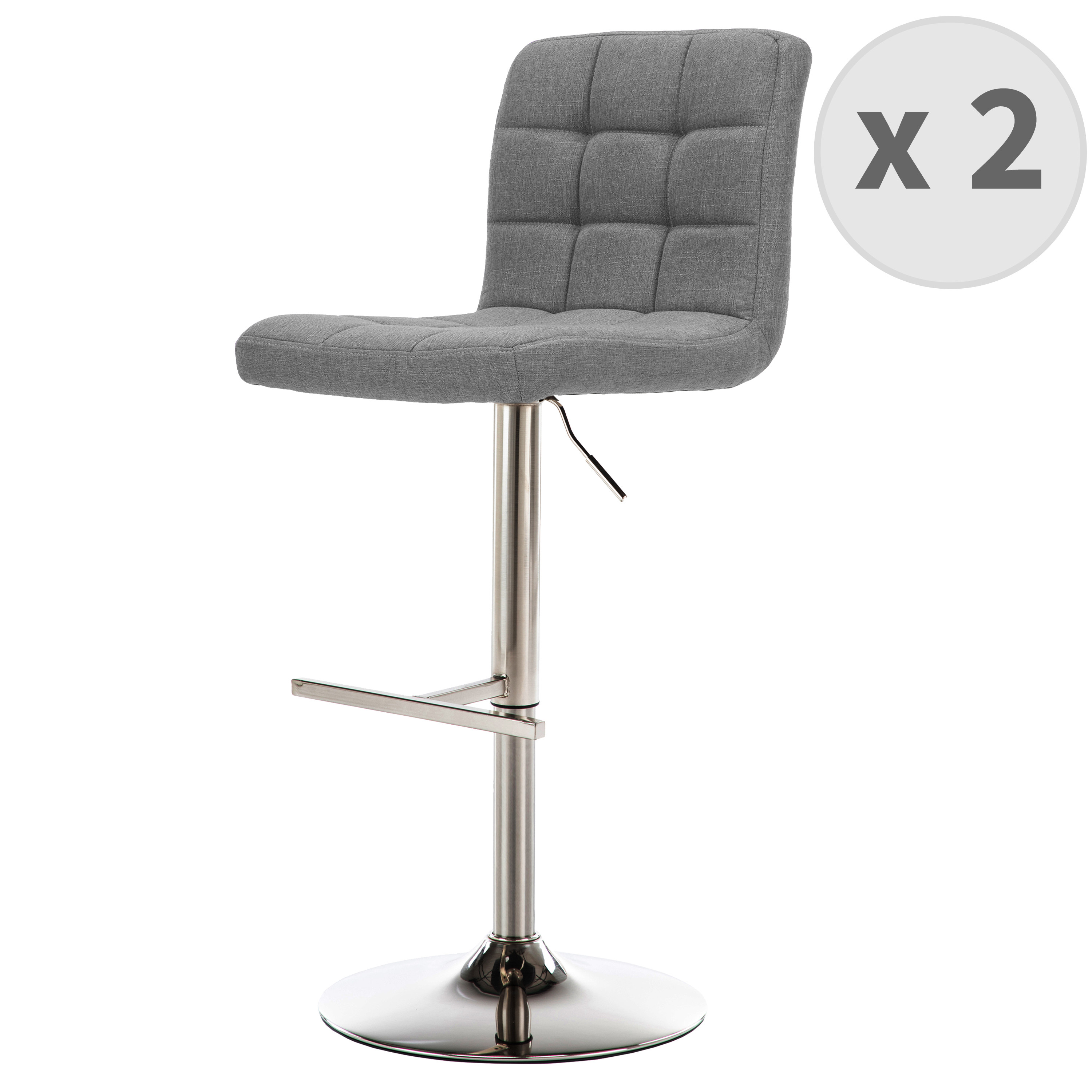 Tabouret de bar réglable tissu gris pied acier brossé (x2) Tabouret de bar réglable tissu gris pied acier brossé (x2)