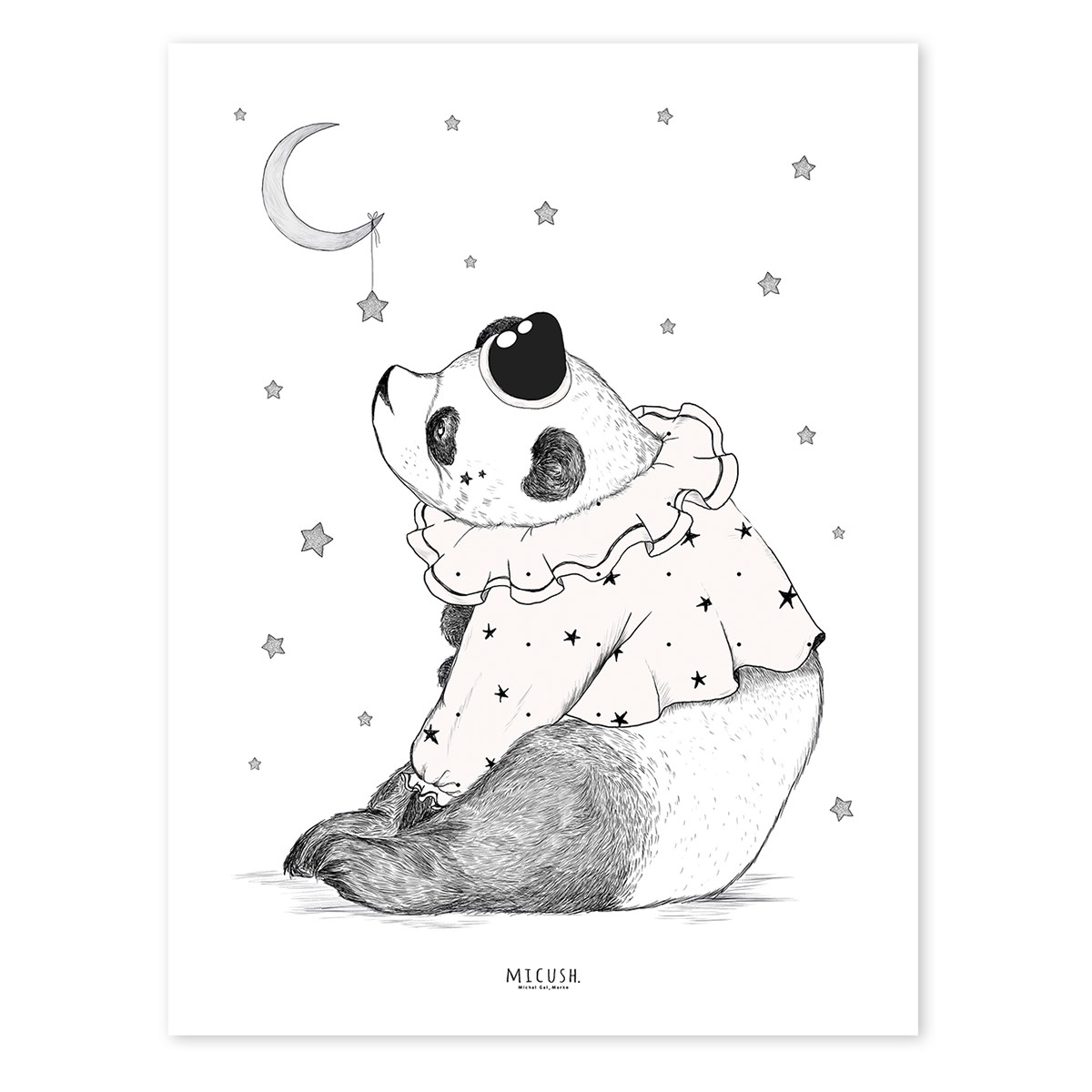 Affiche panda et étoiles en Papier Noir