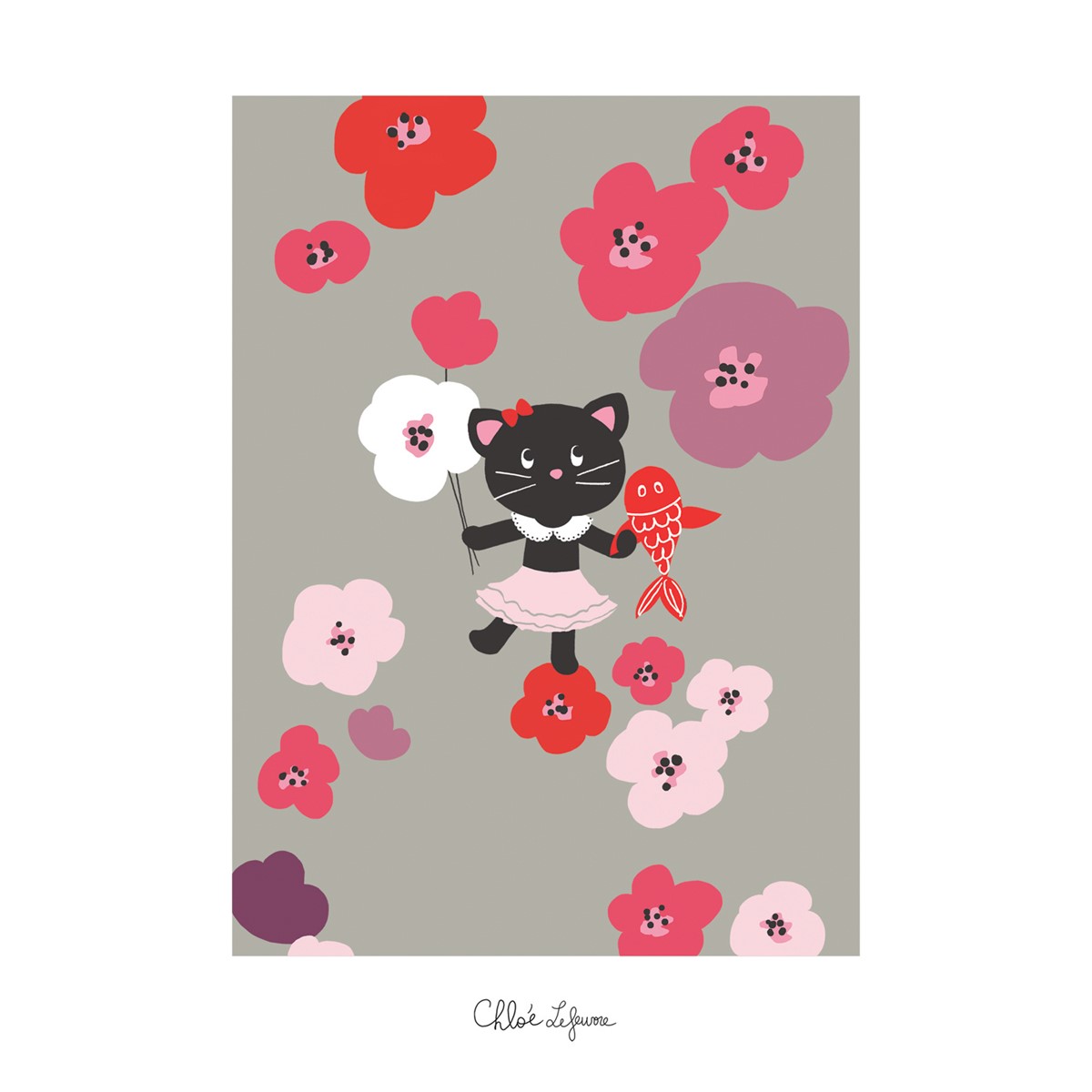 Affiche chat et fleurs en Papier Rouge
