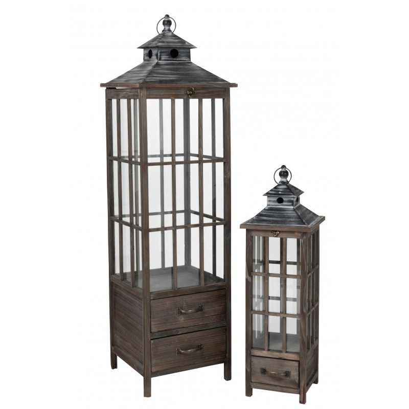 Lanternes fenêtre bois de sapin marron métal noir H130cm - Lot de 2 Lanternes fenêtre bois de sapin marron métal noir H130cm - Lot de 2