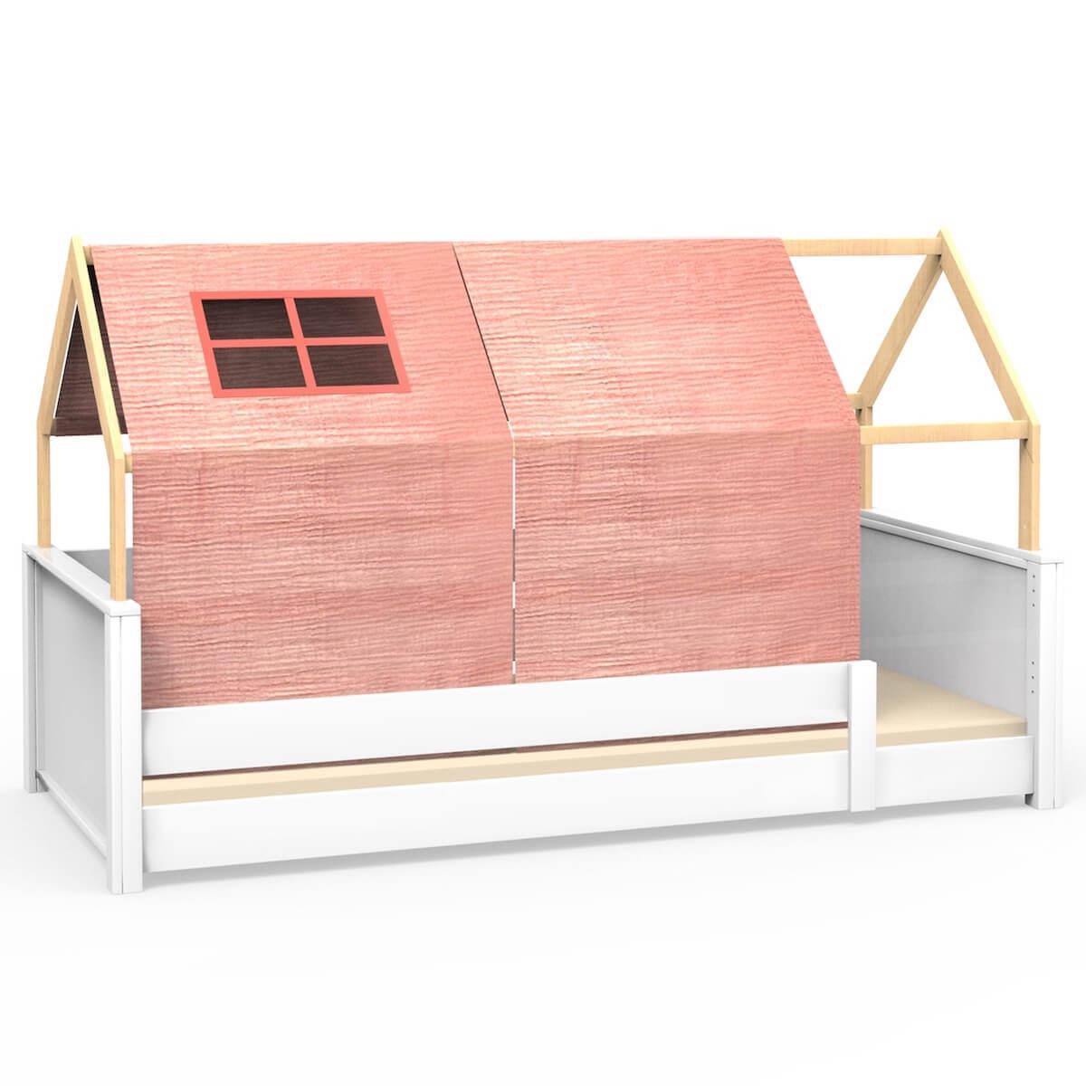 Lit montessori cabane avec textiles bobble rose