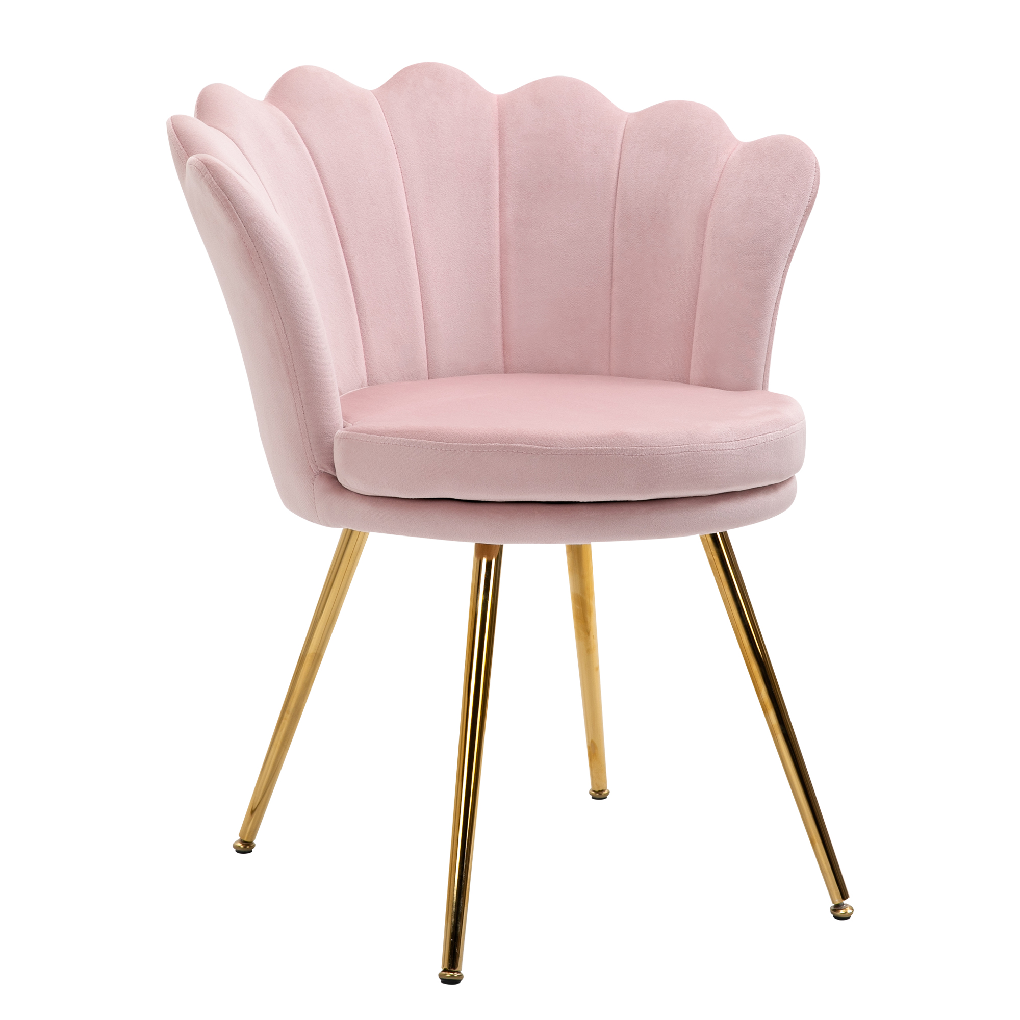 Chaise design coquillage pieds métal dorés effilés velours rose poudré