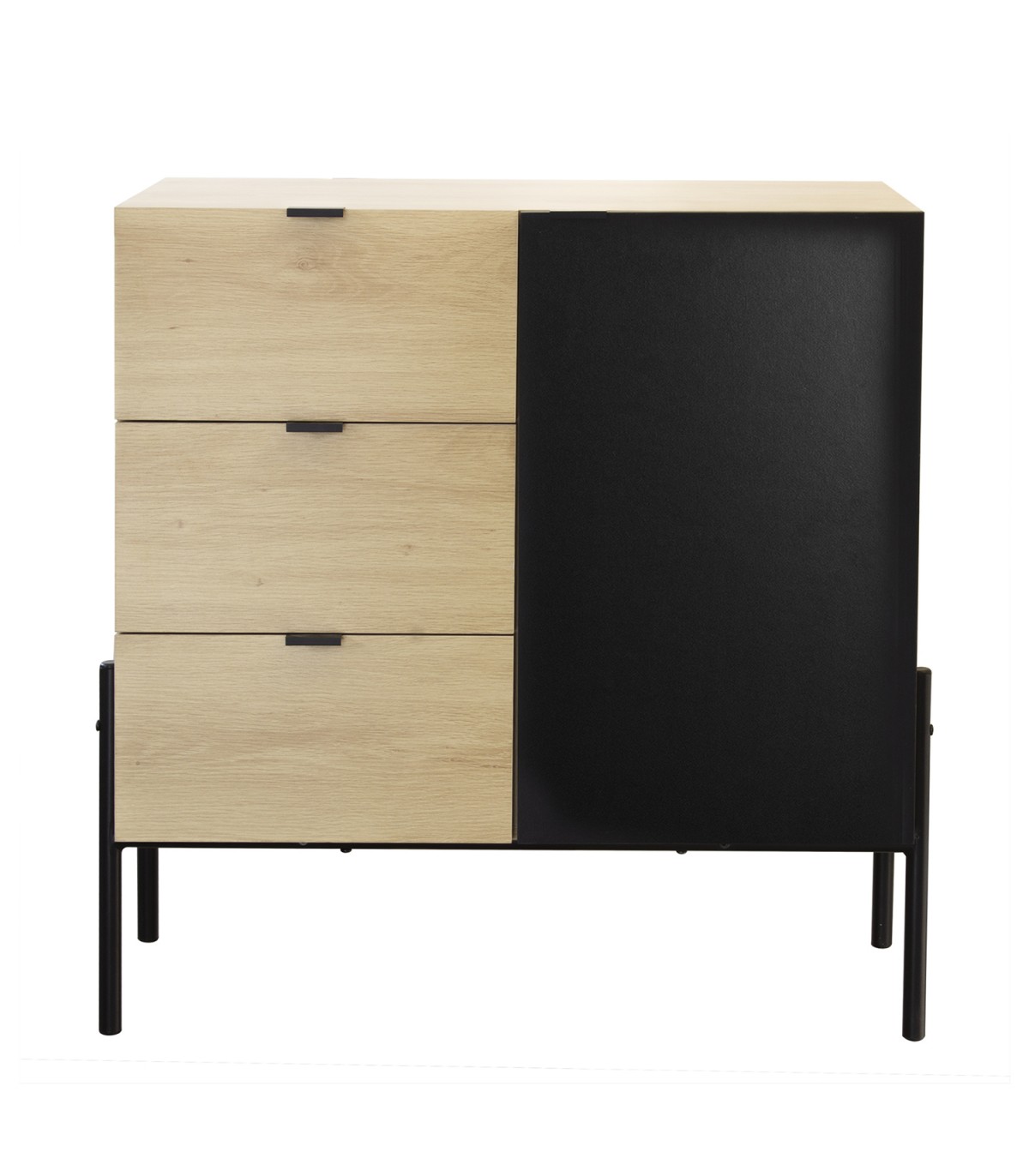 Commode 3 tiroirs décor chêne + 1 porte noire - 79cm Commode 3 tiroirs décor chêne + 1 porte noire - 79cm