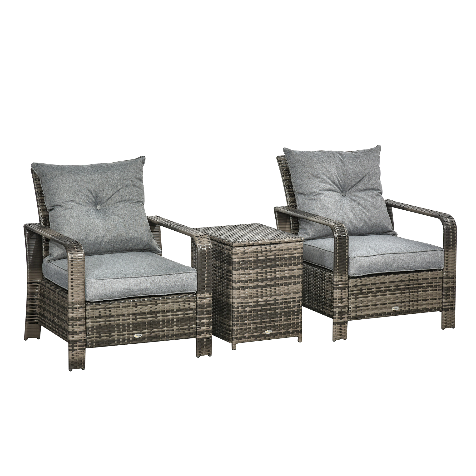 Ensemble de 2 fauteuils de jardin avec table basse coffre résine gris Ensemble de 2 fauteuils de jardin avec table basse coffre résine gris
