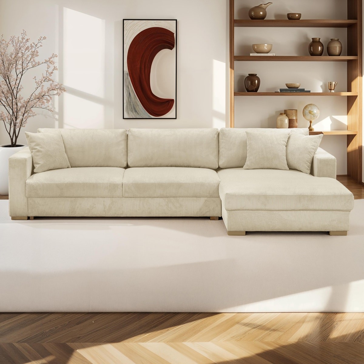 Canapé d'angle droit convertible 5 places côtelé beige avec coffre - Vue supplémentaire 2