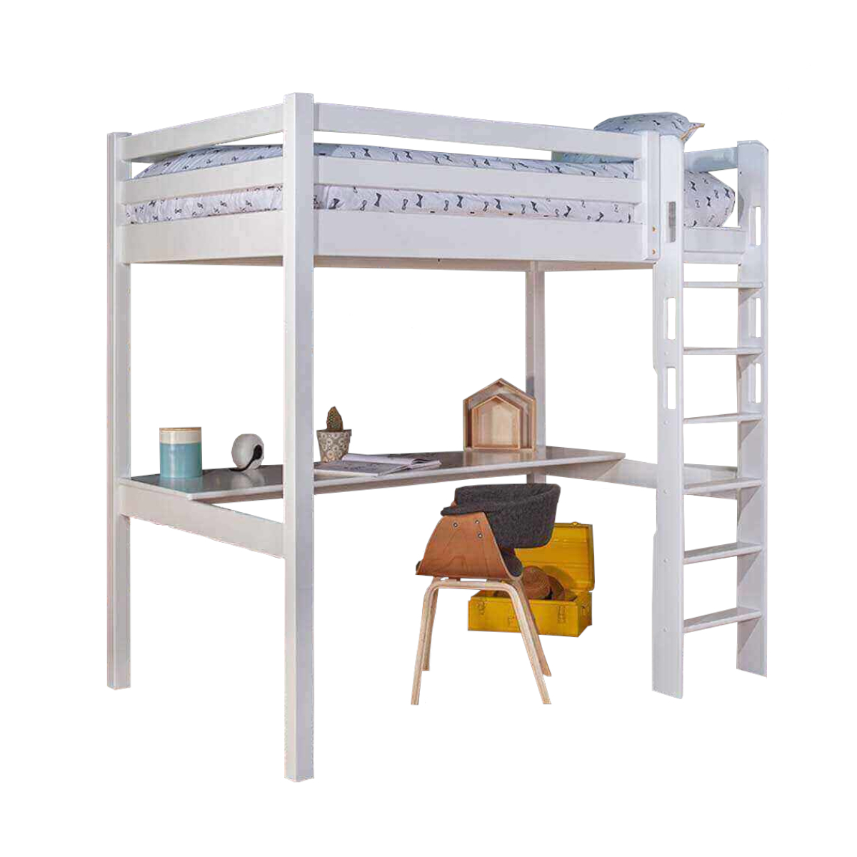 Lit mezzanine, bureau Bois massif 90x190 Blanc