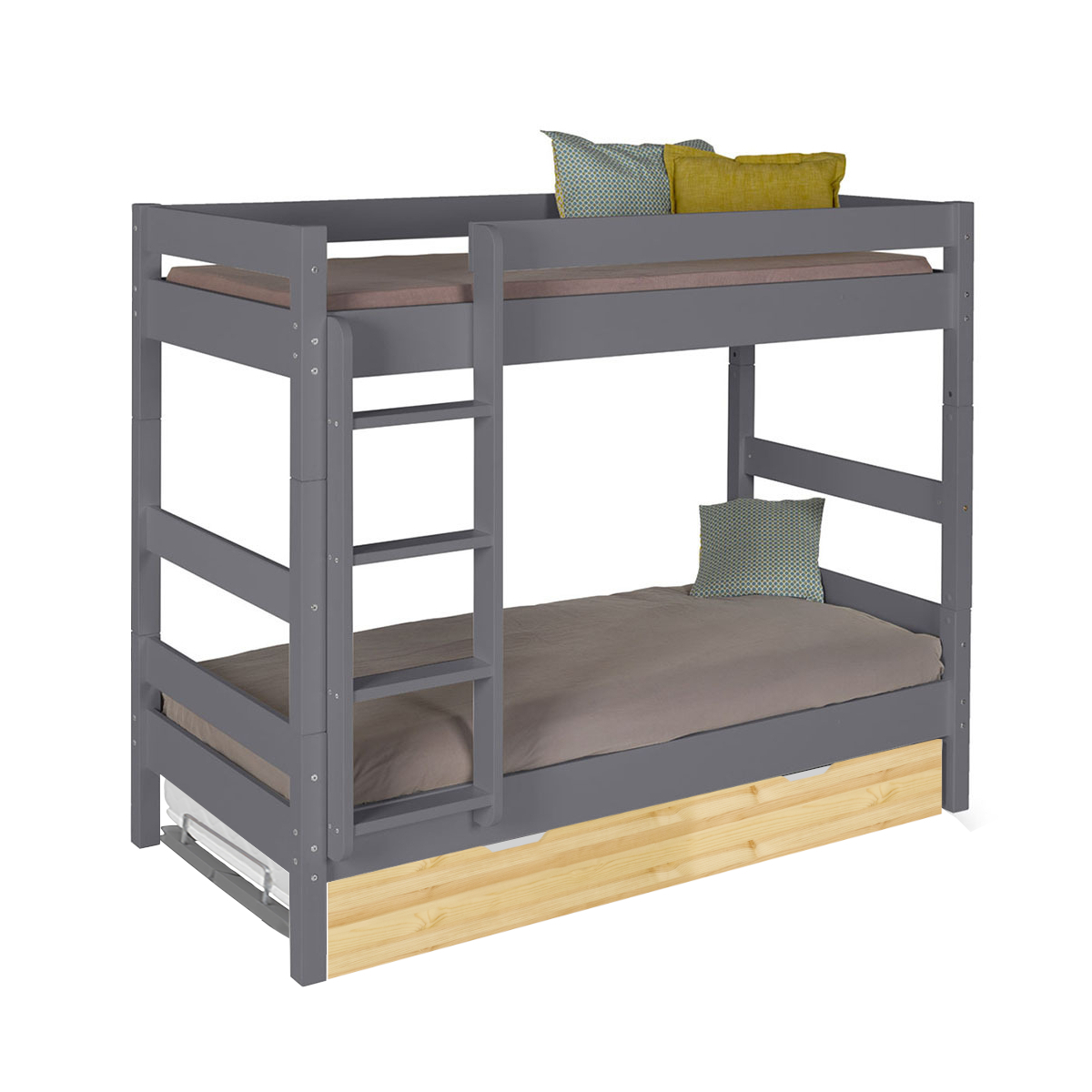 Lit superposé, sommier gigogne Bois massif 90x190 Anthracite, bois