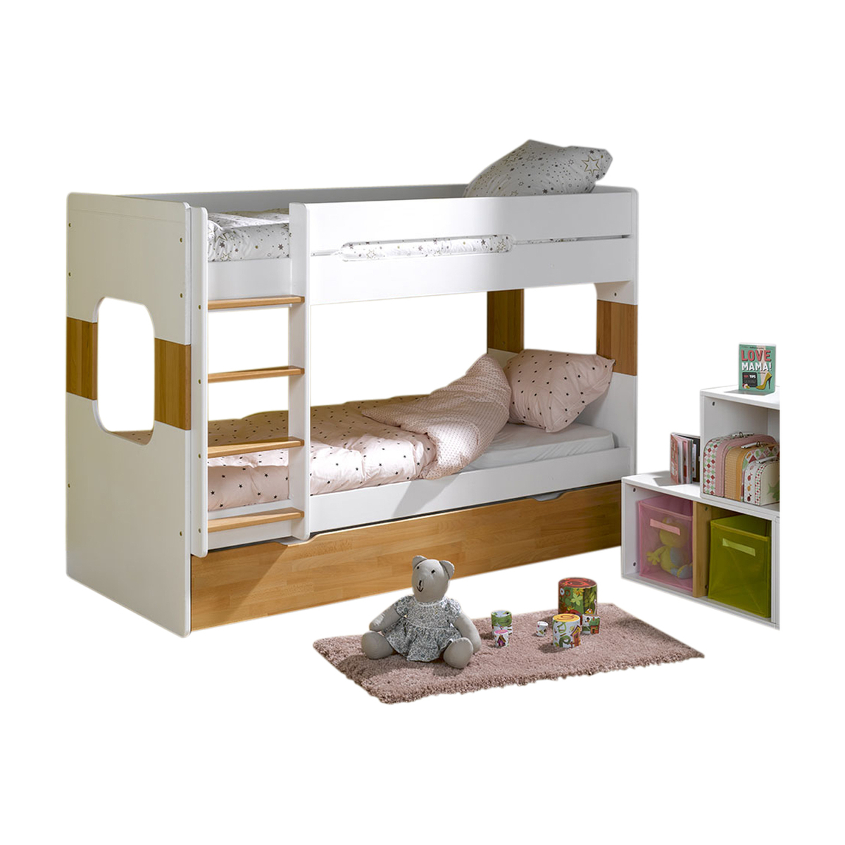 Lit superposé, sommier gigogne Bois massif 90x190 Blanc, bois