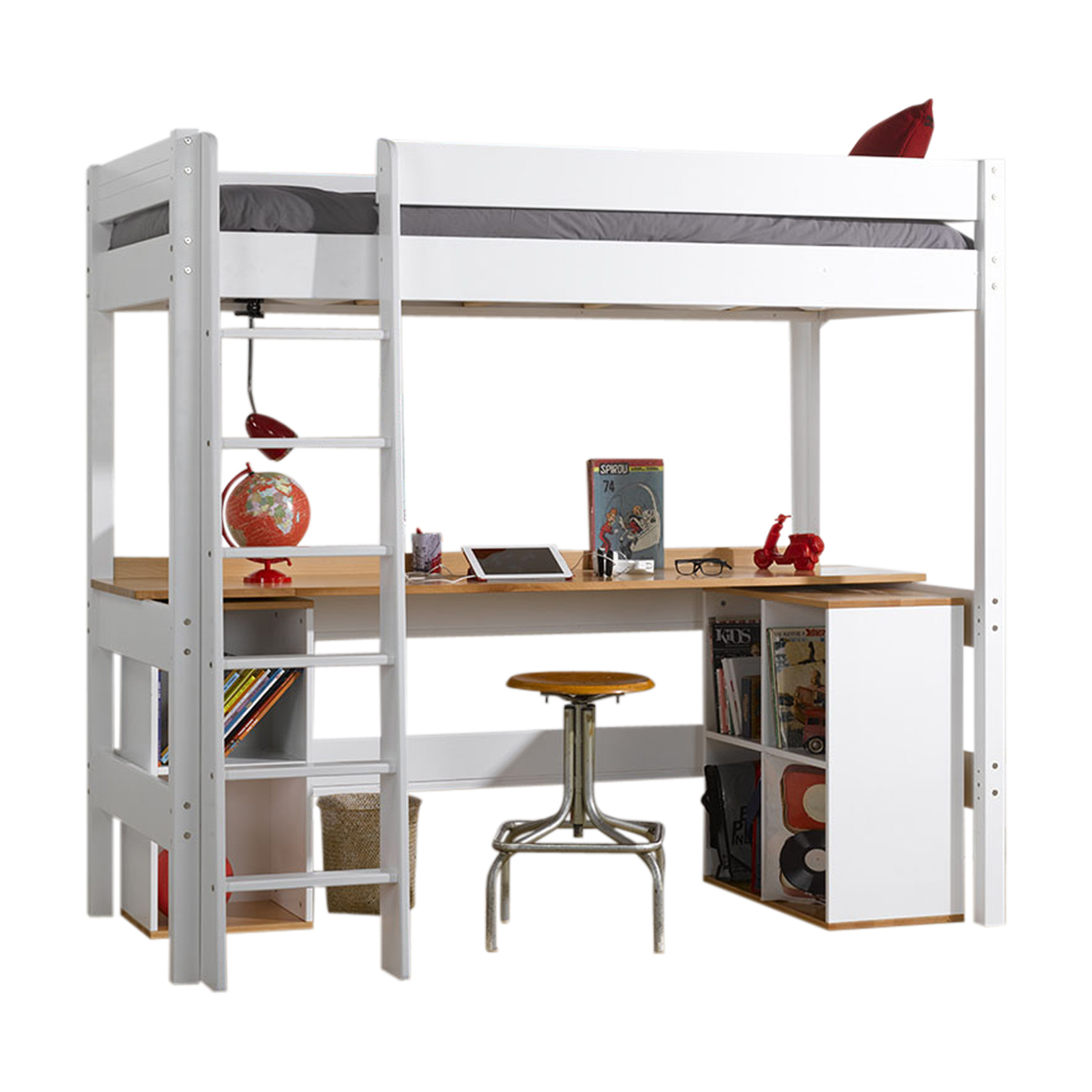 Lit mezzanine, bureau Bois massif 90x190 Blanc
