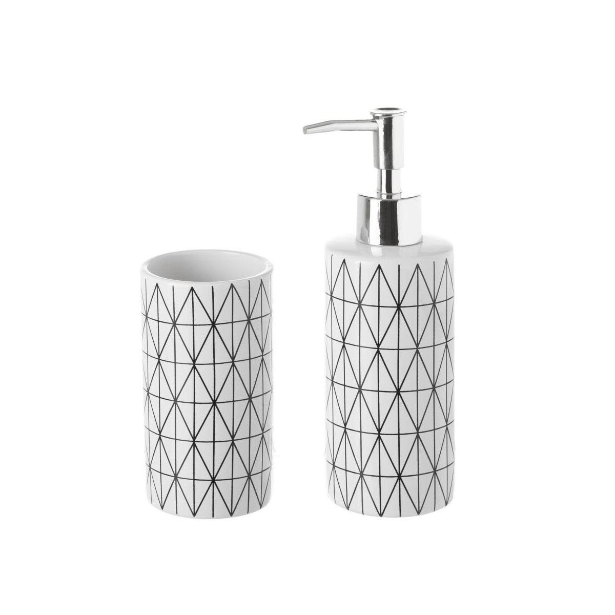 Set salle de bain motifs géométriques distributeur savon + verre