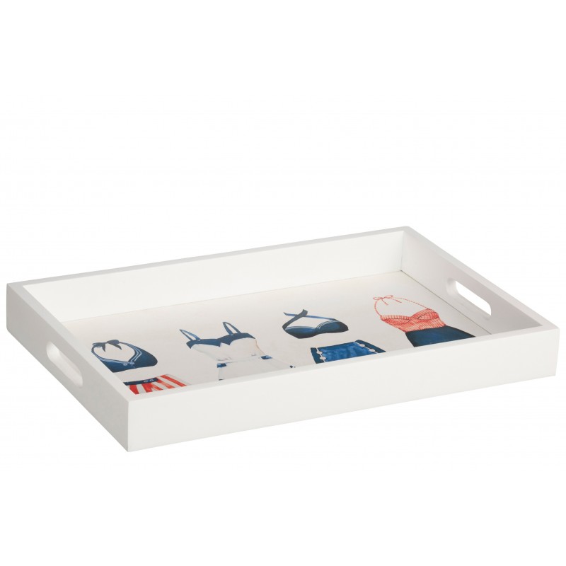 Plateau maillots de bain en bois blanc, bleu et rouge 46x30cm