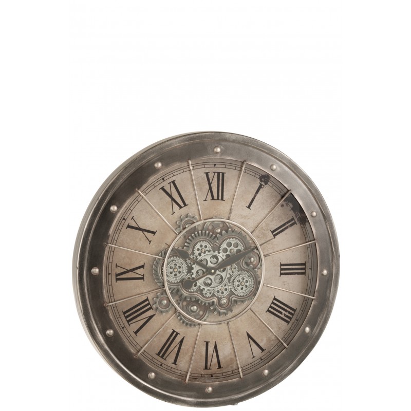 Horloge chiffres romains mécanisme apparent métal gris D80cm Horloge chiffres romains mécanisme apparent métal gris D80cm