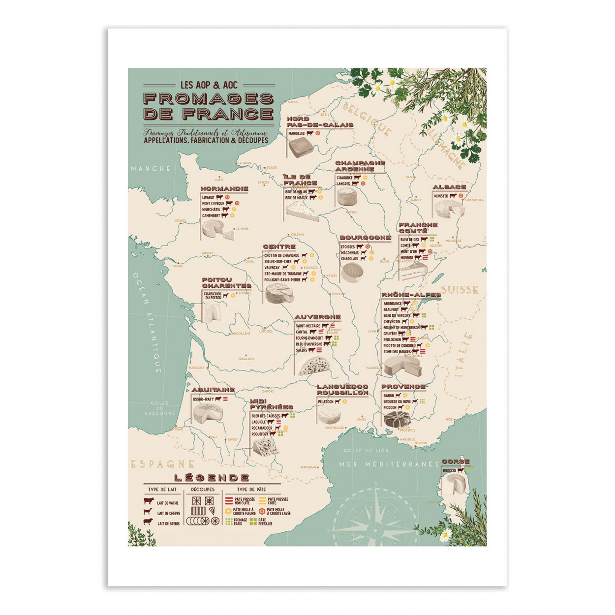 CARTE DES FROMAGES DE FRANCE - Affiche d'art 50 x 70 cm CARTE DES FROMAGES DE FRANCE - Affiche d'art 50 x 70 cm