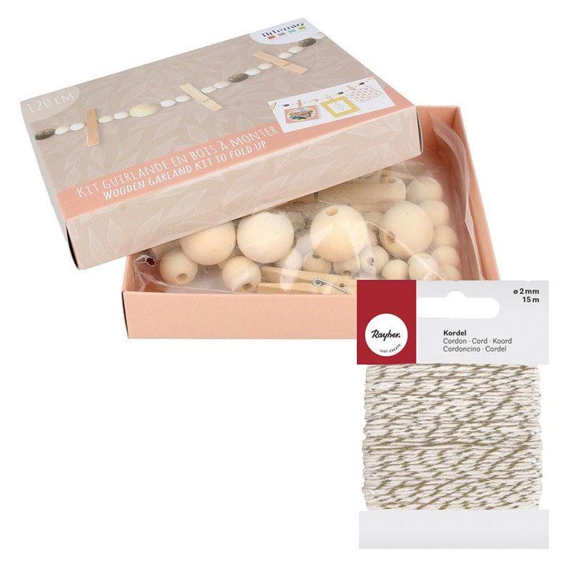 Coffret DIY Guirlande de Noël en bois + Ficelle dorée & blanche 15 m Coffret DIY Guirlande de Noël en bois + Ficelle dorée & blanche 15 m