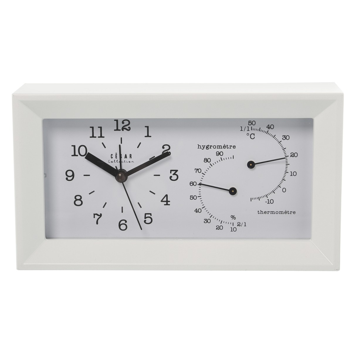 Horloge à poser acrylique blanc alarme, thermomètre + hygromètre Horloge à poser acrylique blanc alarme, thermomètre + hygromètre