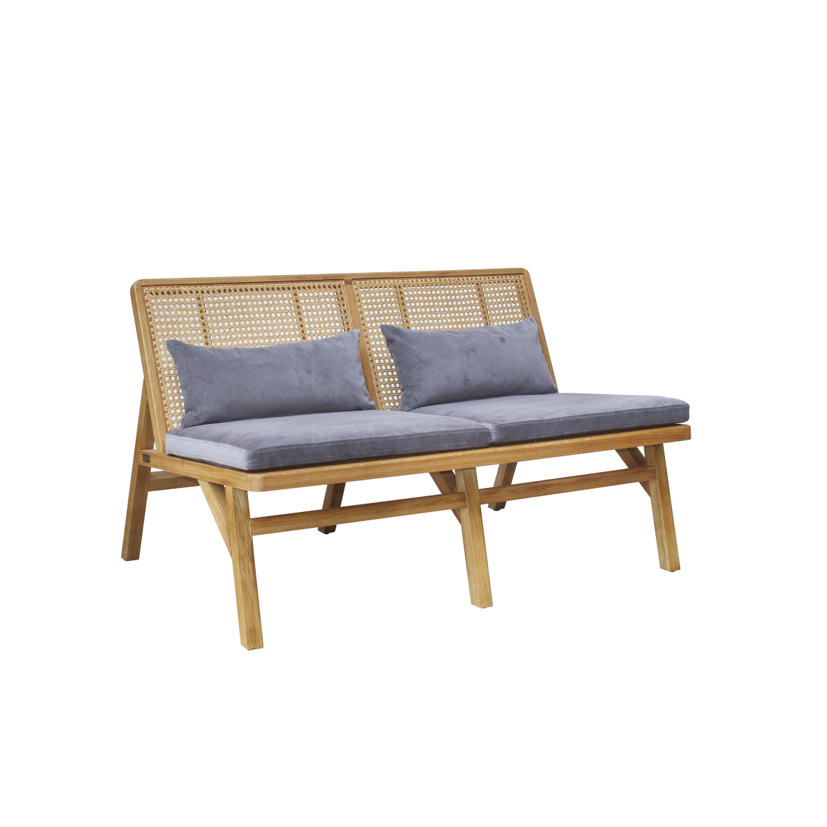 Banquette en cannage et velours gris loup Banquette en cannage et velours gris loup
