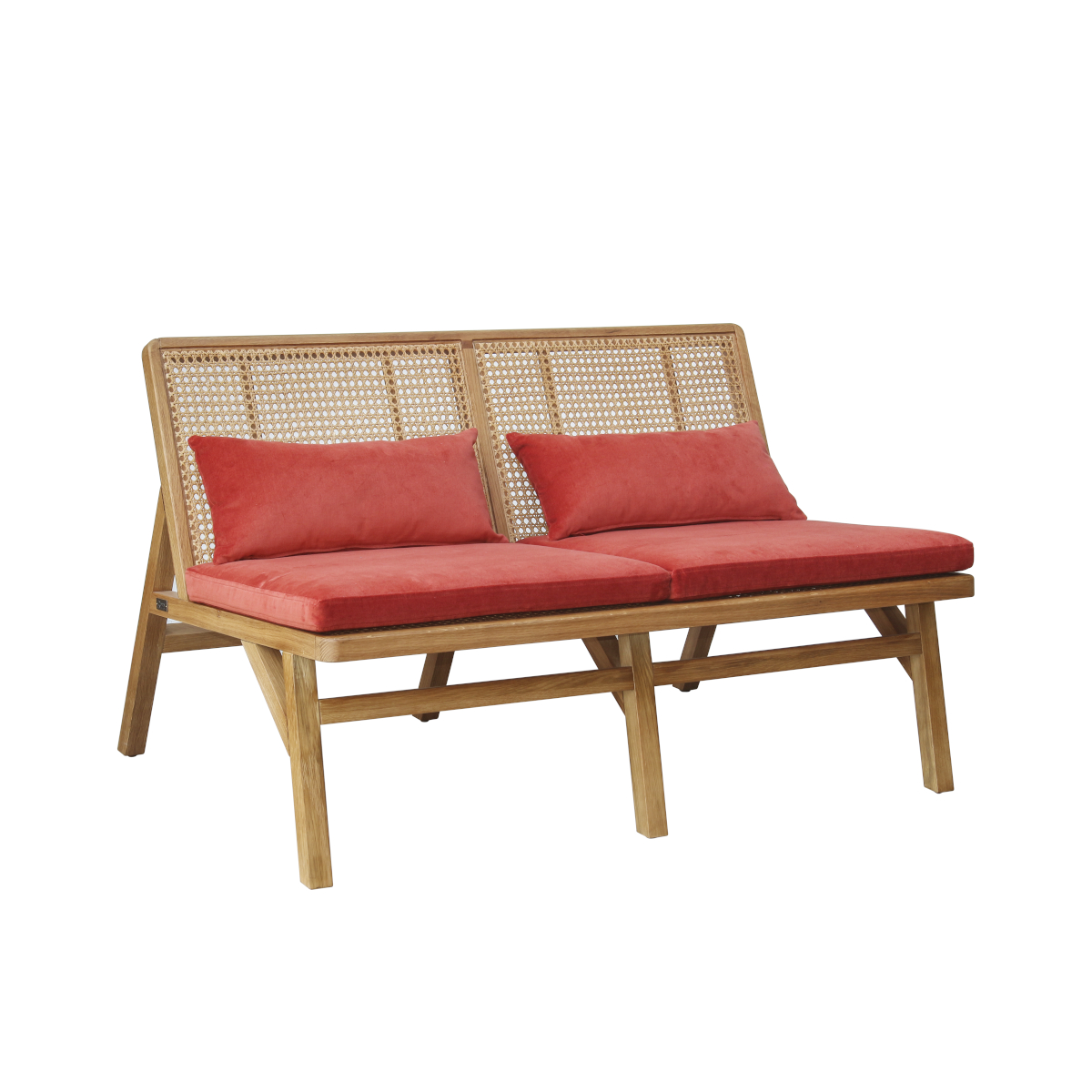Banquette en cannage et velours brique Banquette en cannage et velours brique
