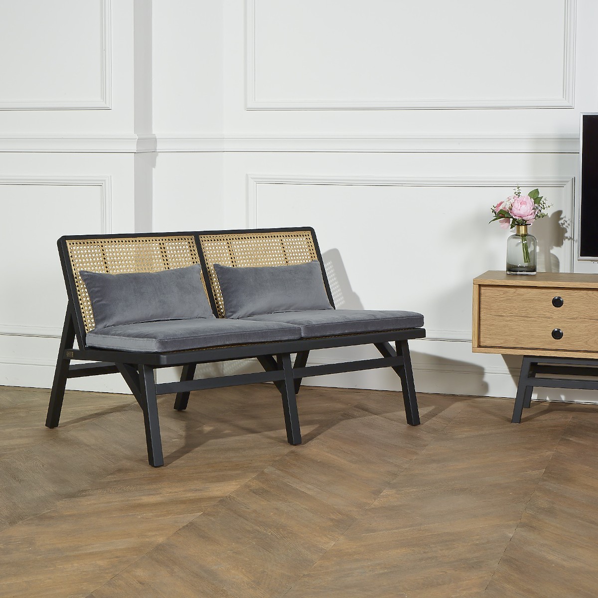 Banquette en cannage chêne laquï¿½ noir et velours gris loup - Vue supplémentaire 1