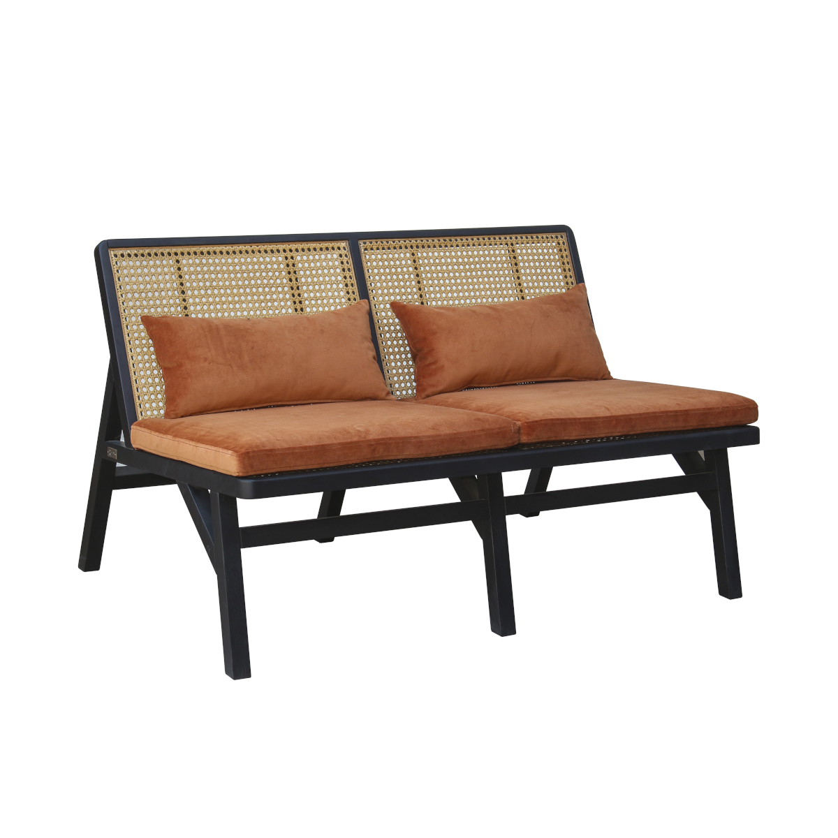 Banquette en cannage chêne laqué noir et velours caramel Banquette en cannage chêne laqué noir et velours caramel