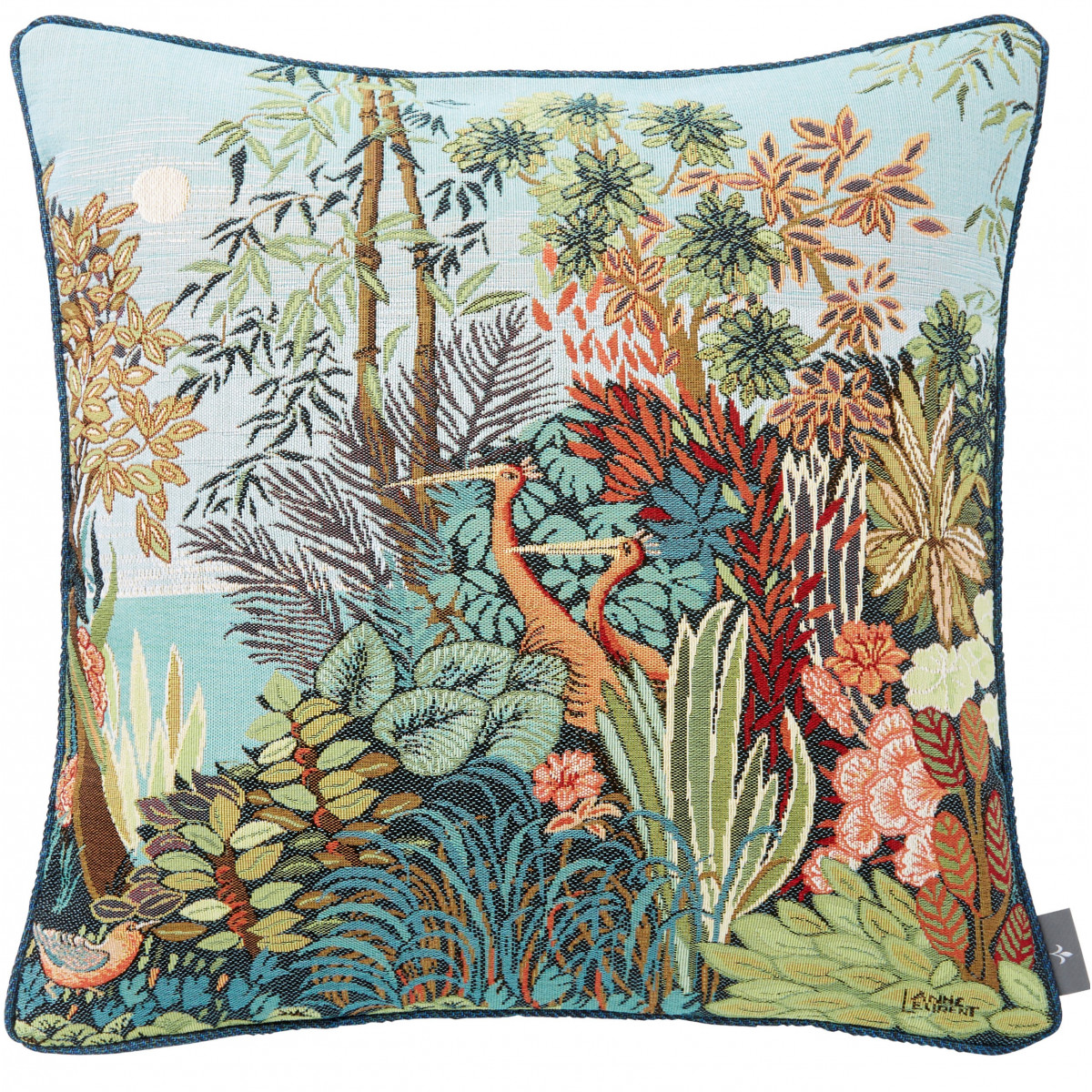 Coussin tapisserie oiseaux en forêt made in france bleu 50x50 Coussin tapisserie oiseaux en forêt made in france bleu 50x50