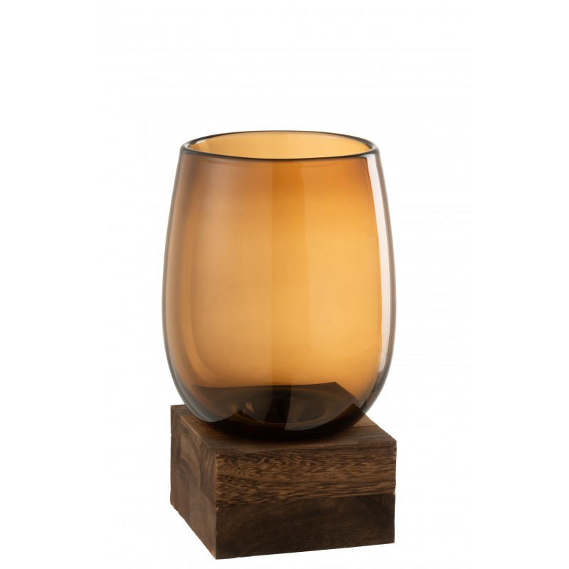 Vase haut sur pied en bois et verre marron H25,5cm