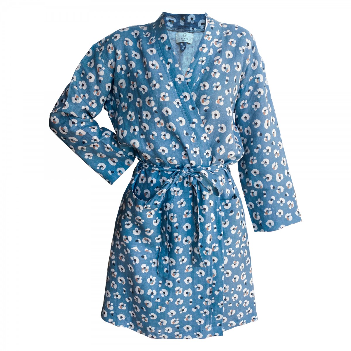Kimono en lin lavé imprimé léopard bleu S/M Kimono en lin lavé imprimé léopard bleu S/M
