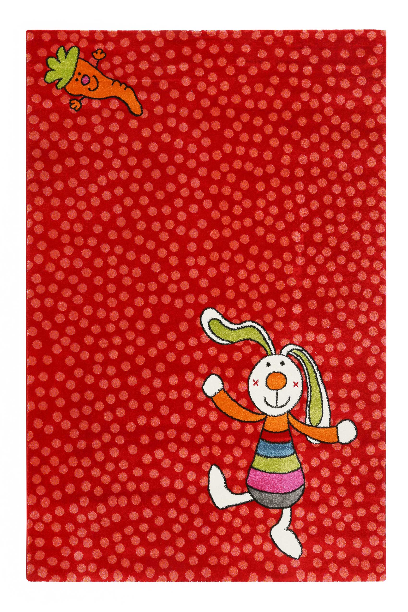 Tapis enfant motif lapin coloré sur fond pois rouge 80x150