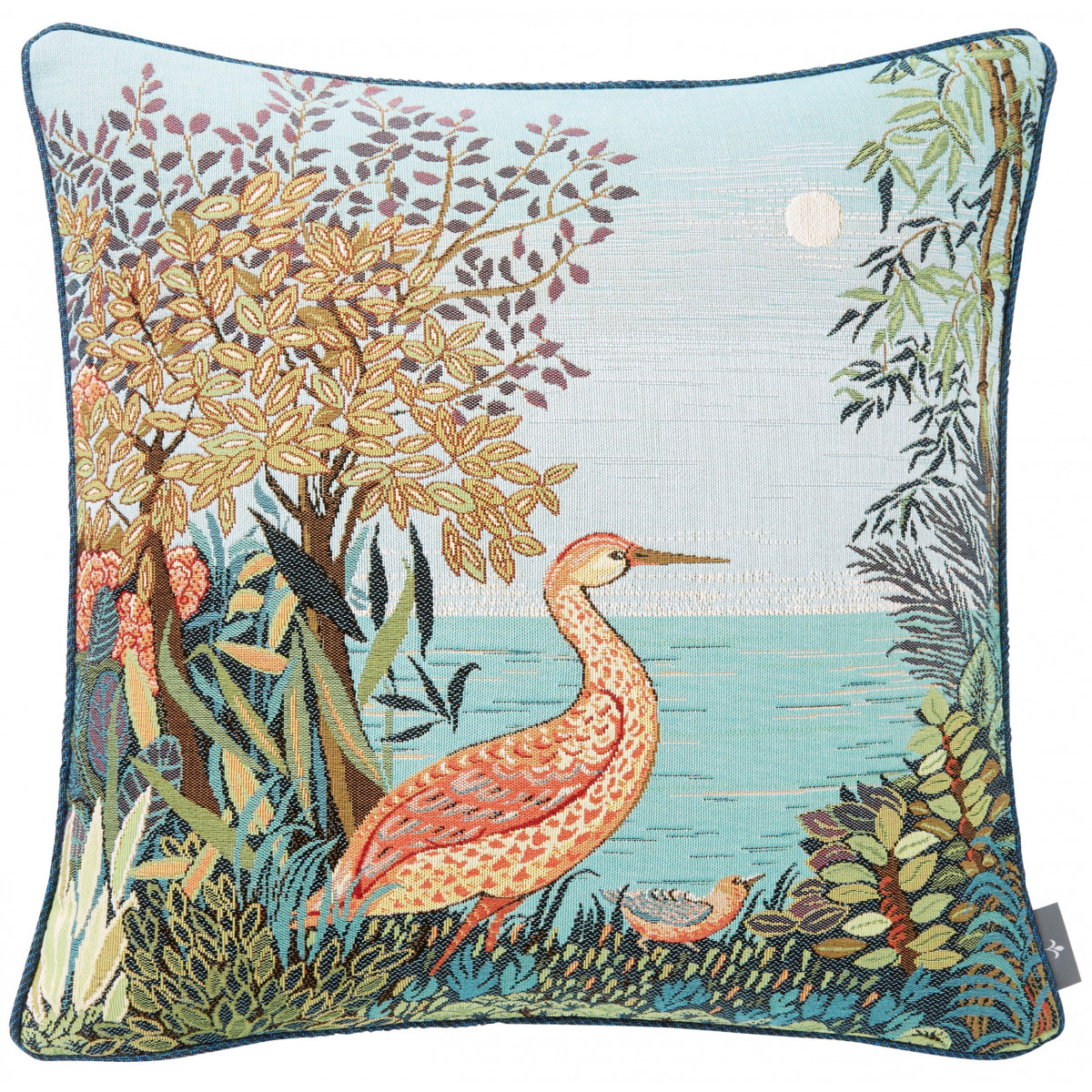 Coussin tapisserie heron en forêt made in france bleu 50x50 Coussin tapisserie heron en forêt made in france bleu 50x50