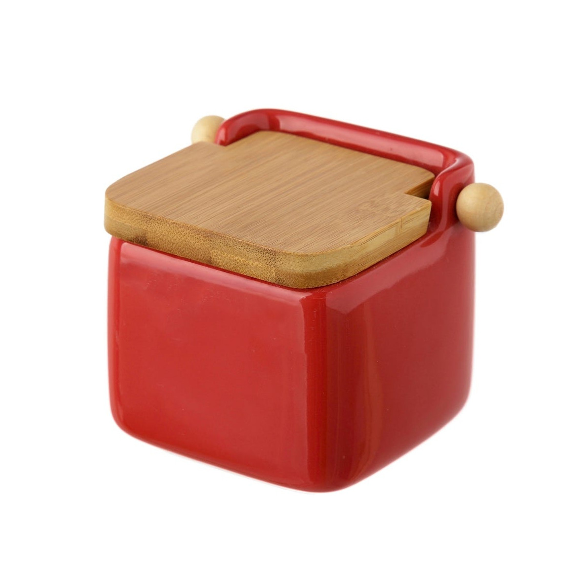 Pot à sel en céramique rouge et couvercle bambou - 12x12x11cm Pot à sel en céramique rouge et couvercle bambou - 12x12x11cm
