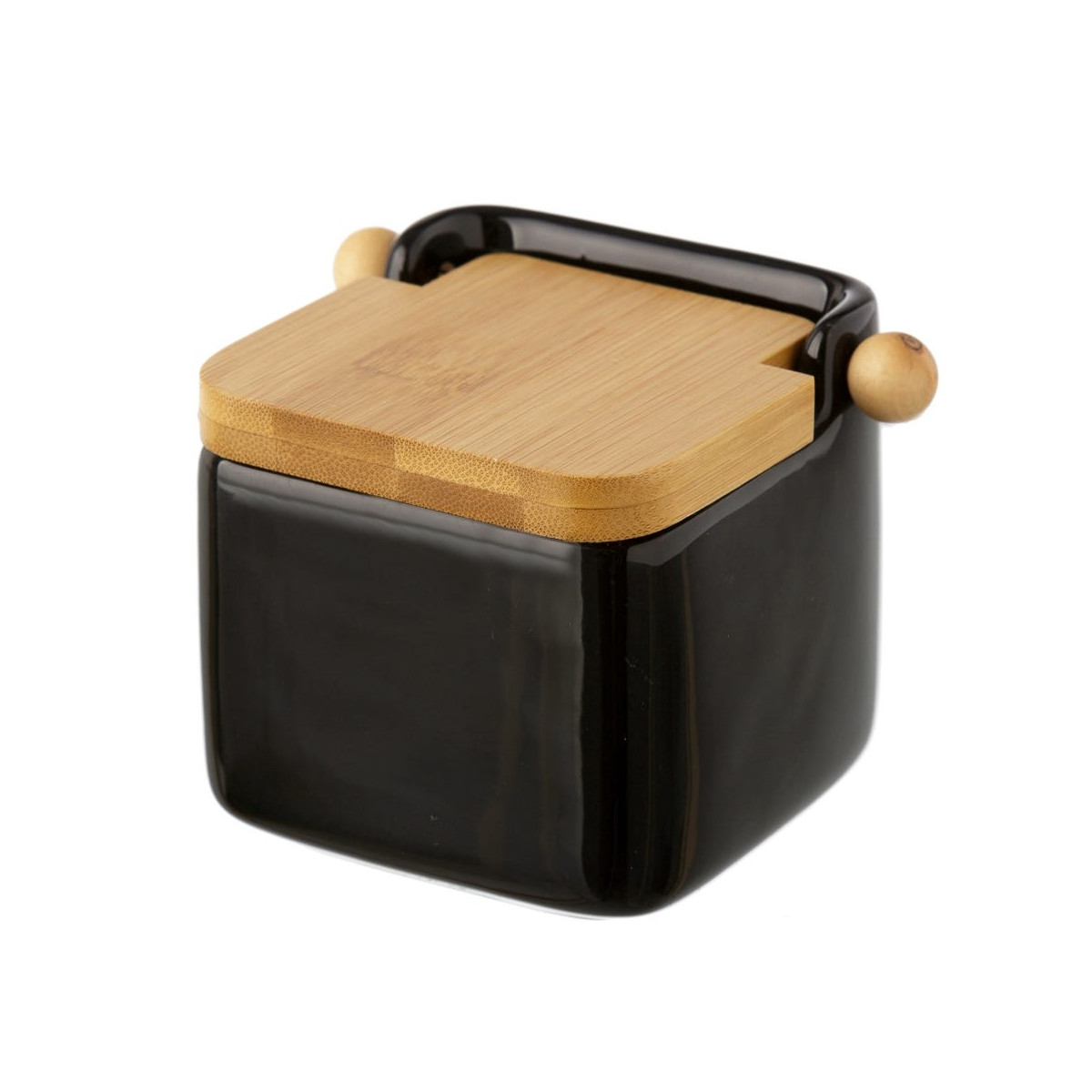 Pot à sel en céramique noir et couvercle bambou - 12x12x11cm Pot à sel en céramique noir et couvercle bambou - 12x12x11cm