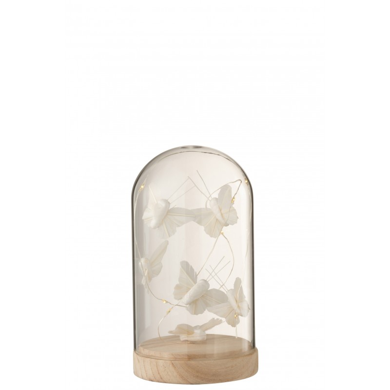 Cloche haute led papillons verre/bois blanc H17cm