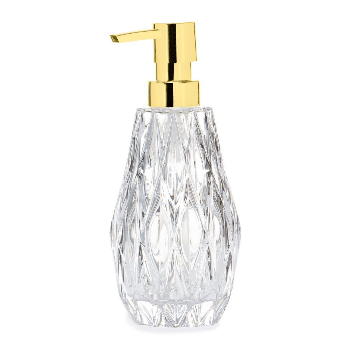 Distributeur de savon en verre taillé et bec verseur doré 8x20cm Distributeur de savon en verre taillé et bec verseur doré 8x20cm