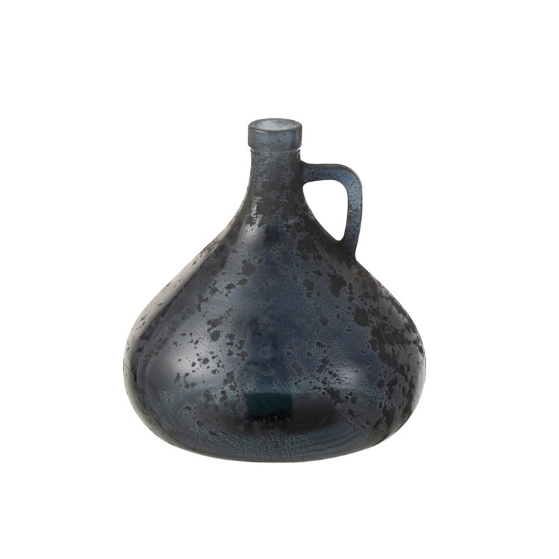 Vase bouteille avec anse verre gris/bleu H18cm