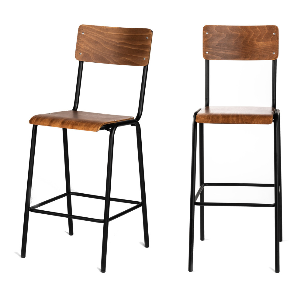 2 chaises de bar métal et bois foncé 67cm 2 chaises de bar métal et bois foncé 67cm