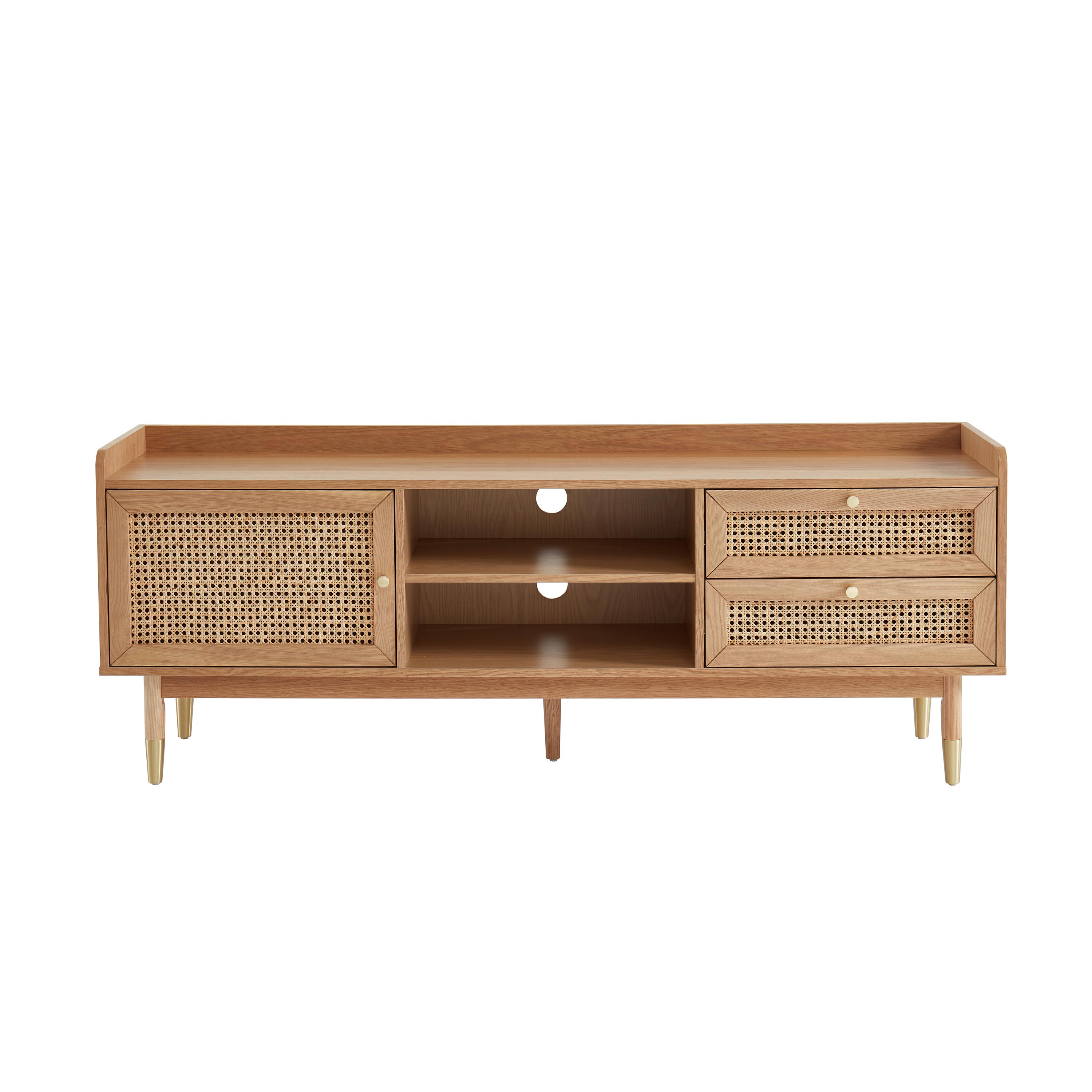 Meuble TV 1 porte 2 tiroirs en bois et cannage L160cm – Bois clair