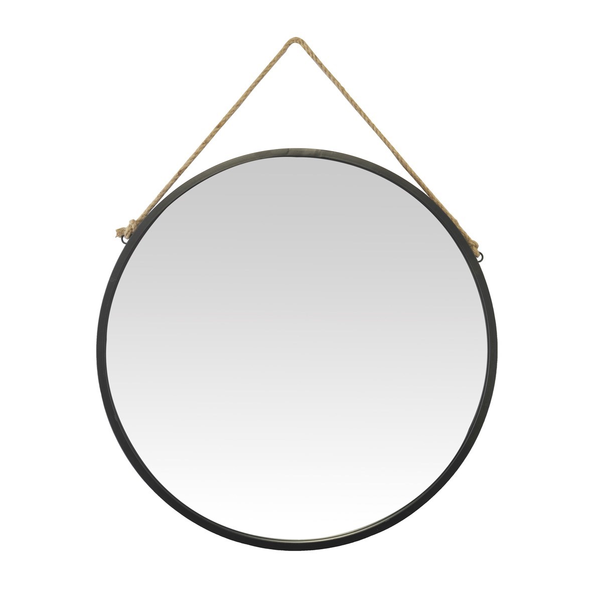 Miroir rond avec accroche en corde en métal noir D : 70 cm