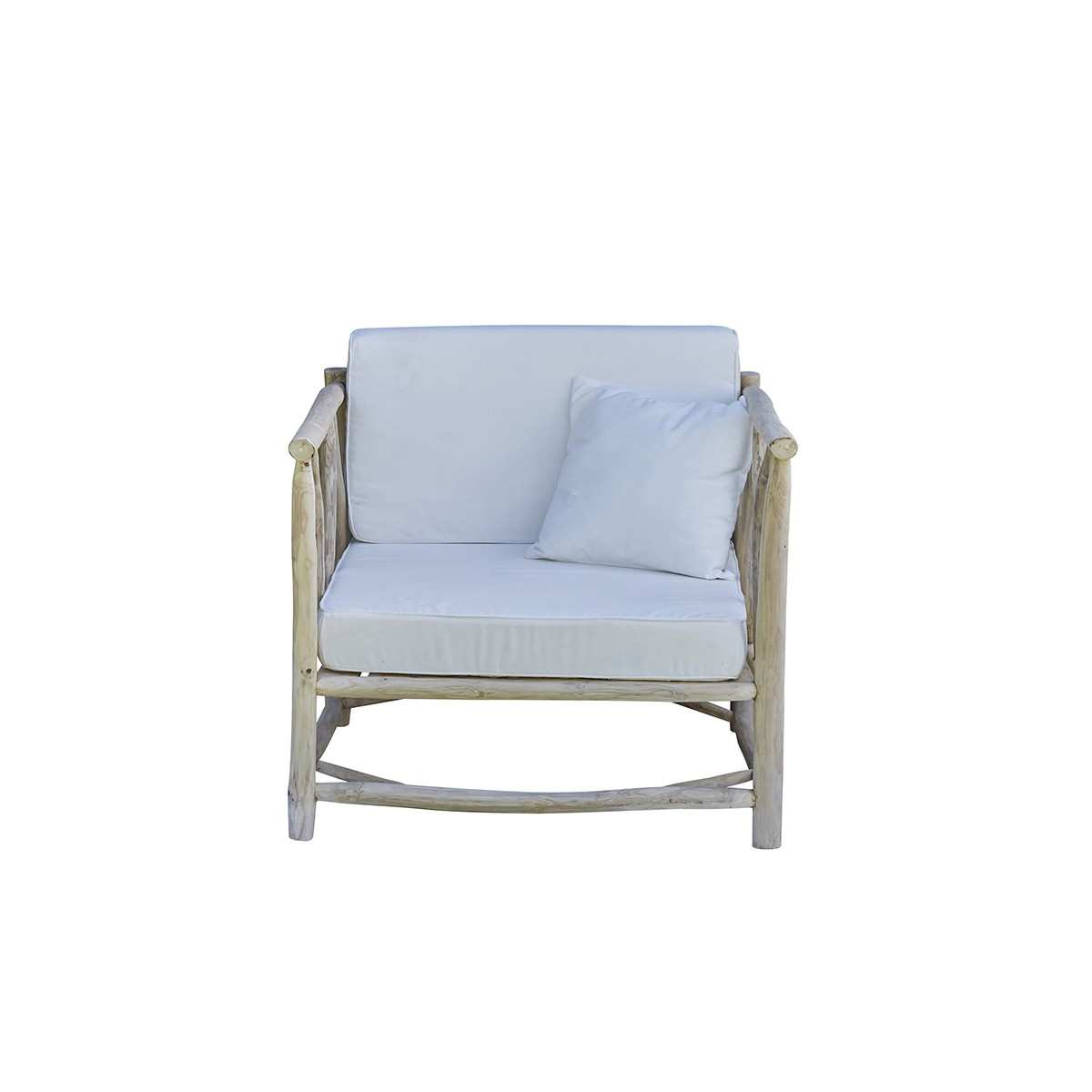 Fauteuil de jardin en branches de teck et coussins blancs