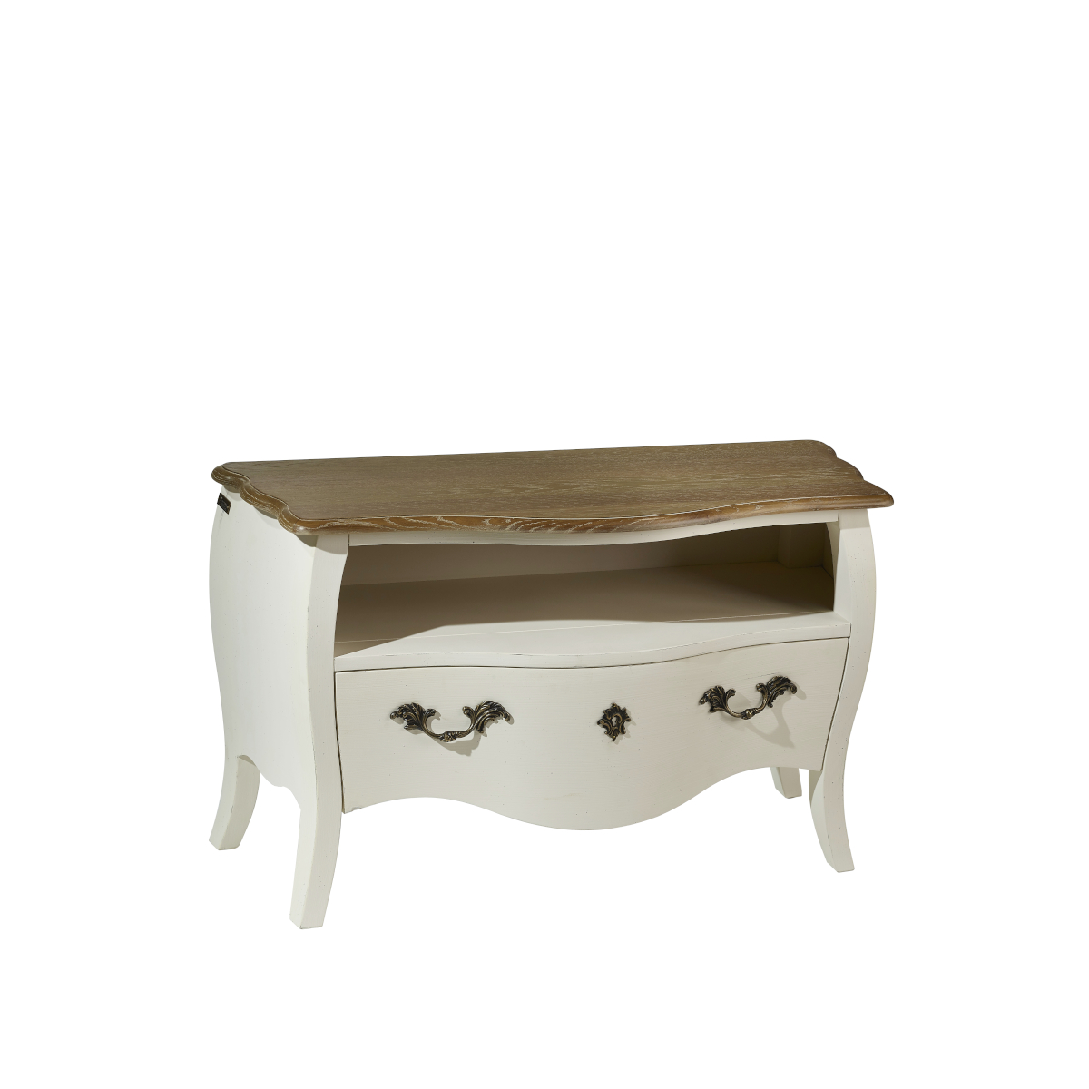Meuble tv plateau chêne patine shabby chic blanc d'ivoire