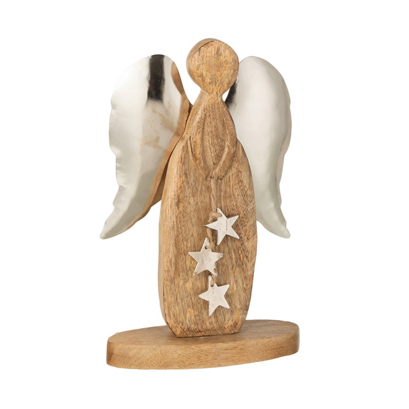 Ange et étoiles en bois de manguier et alu argent H23cm