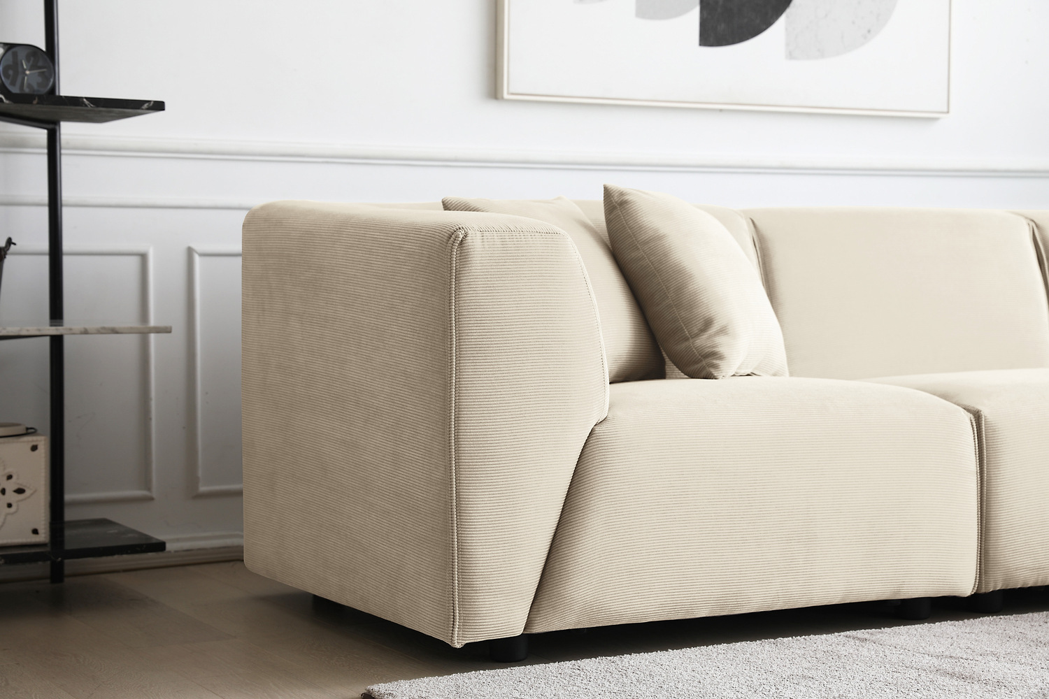Canapé modulable 3 places + 1 pouf velours côtelé beige - Vue supplémentaire 2
