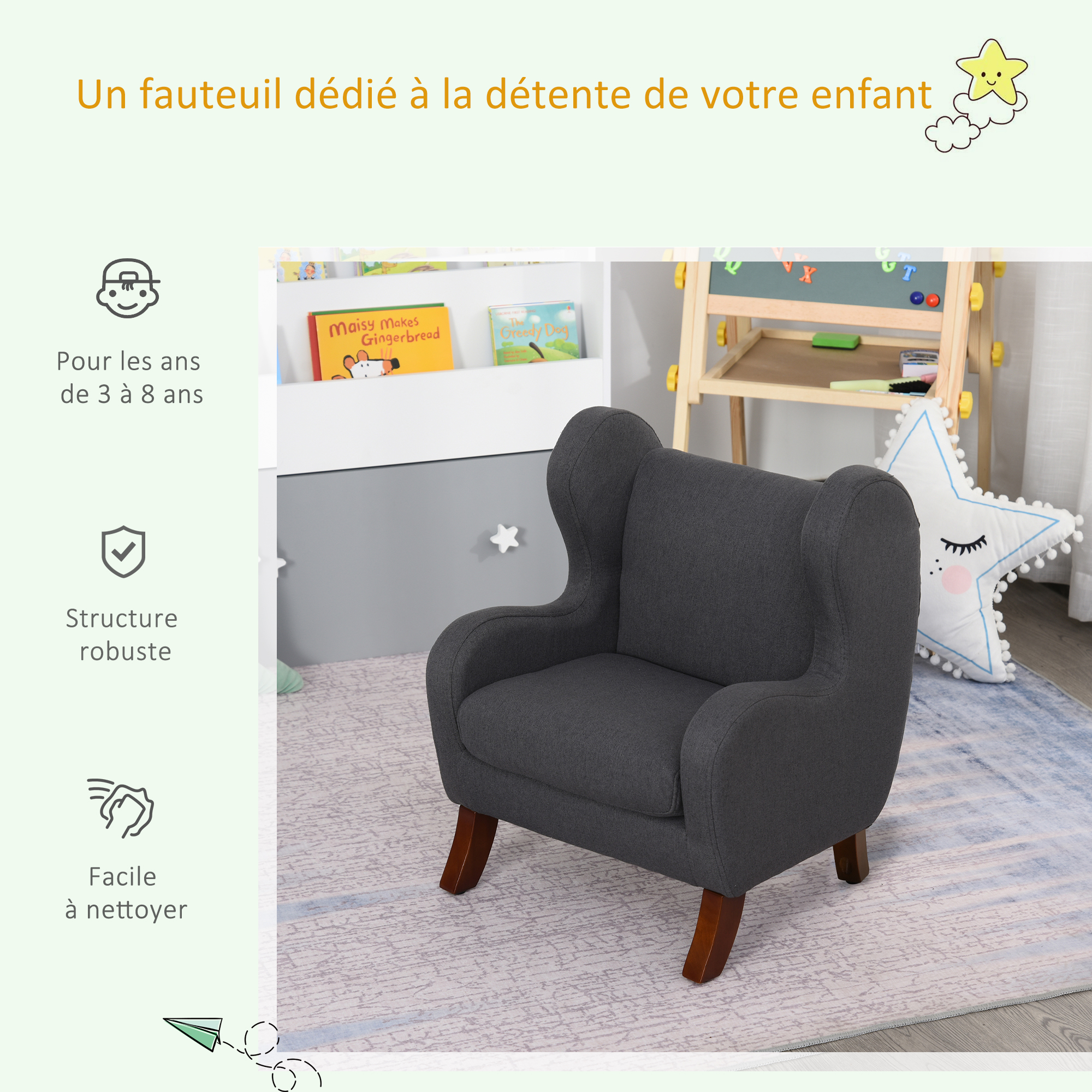 Fauteuil enfant oreilles grand confort accoudoirs assise lin gris (Homcom) - Image 2