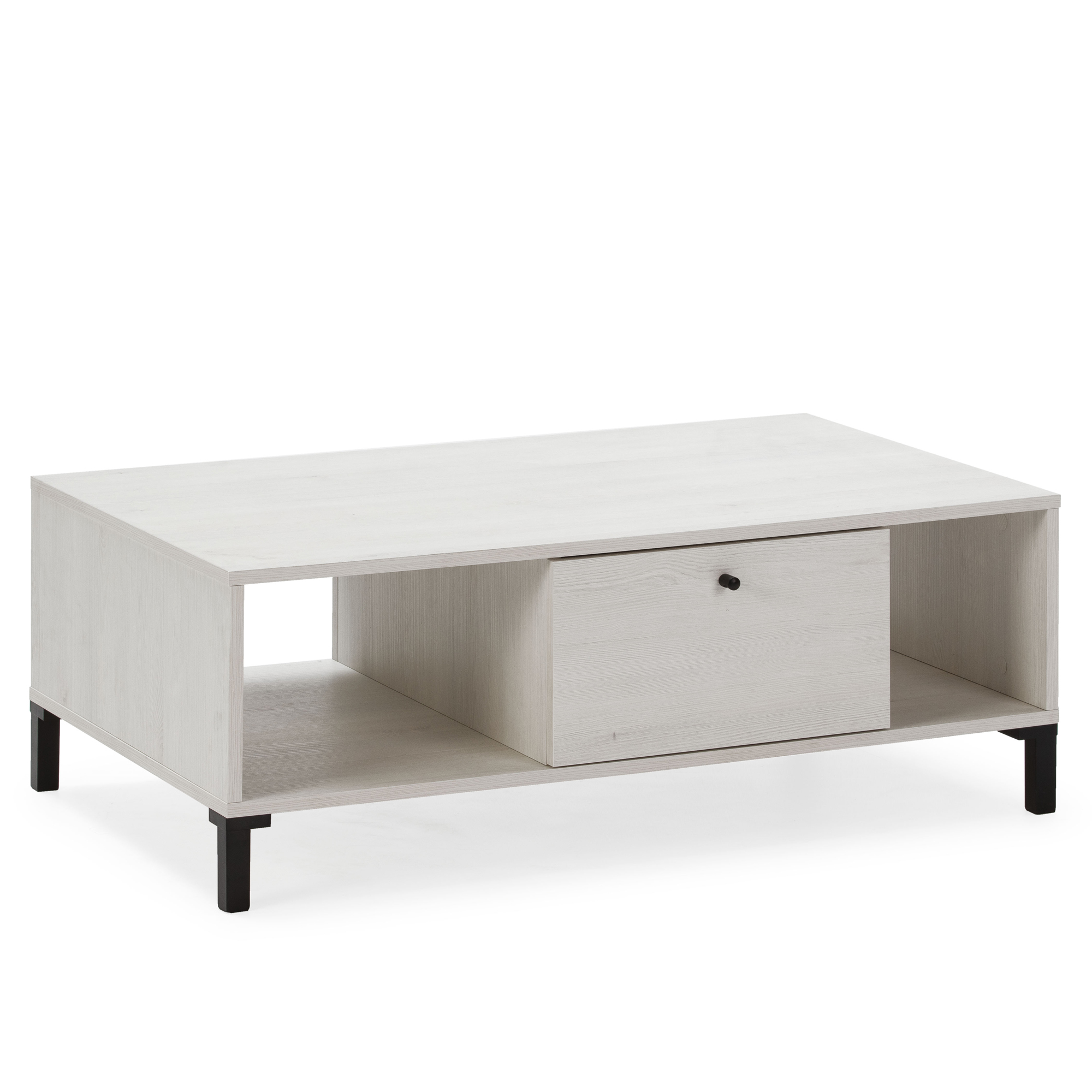 table basse 1 tiroir 2 niches, couleur blanc et bois, 100 cm longueur