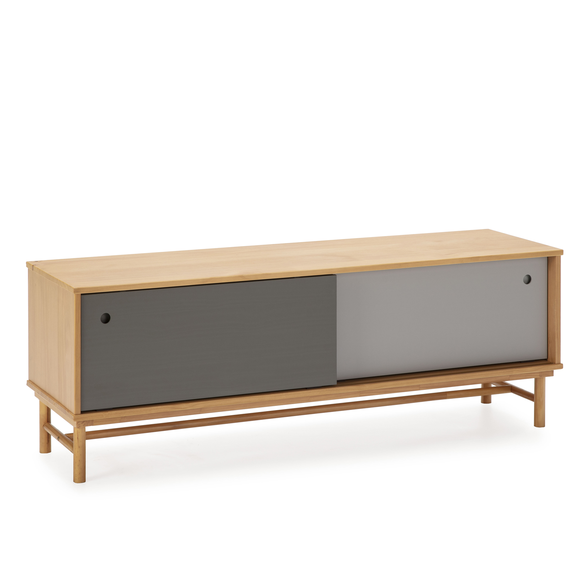 Meuble tv 2 portes coulissantes couleur gris, bois massif, 140 cm